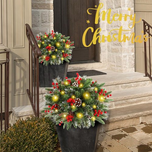 Juegoal Pre-Lit Christmas Tree Urn Filler - Lighted Artificial Pine Trees with 8 Modes & Timer | Battery Powered Holiday Decor