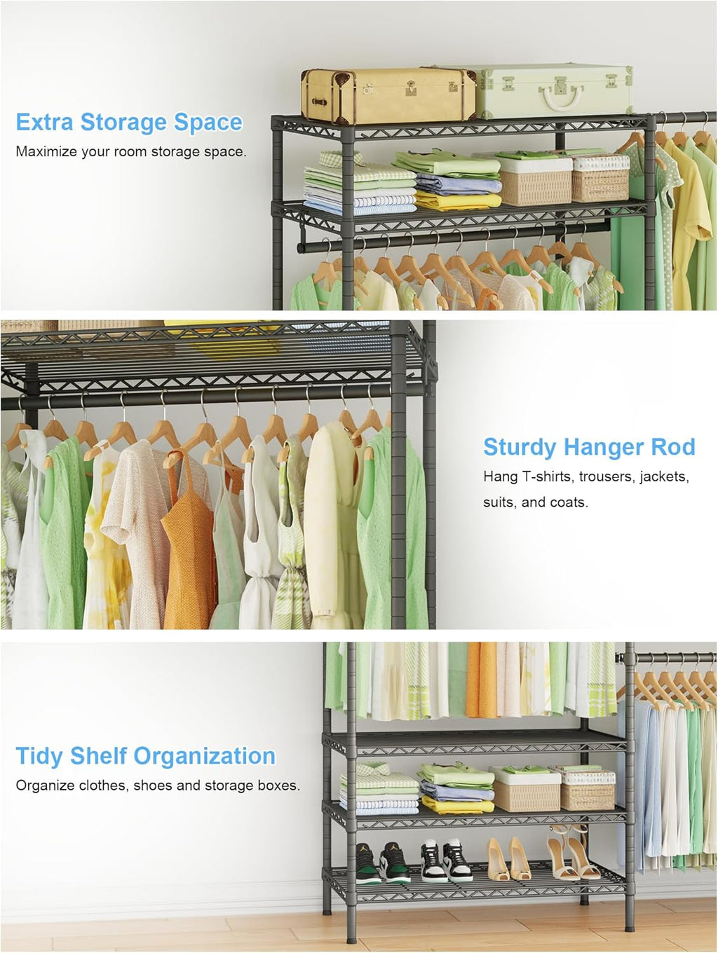 Ulif E11 Heavy-Duty Garment Rack - Metal Freestanding Clothes Organizer with 8 Shelves & 4 Hanger Rods | Black, 73.2-97.6" W x 14.5" D x 71.2" H, 1034 LBS Capacity