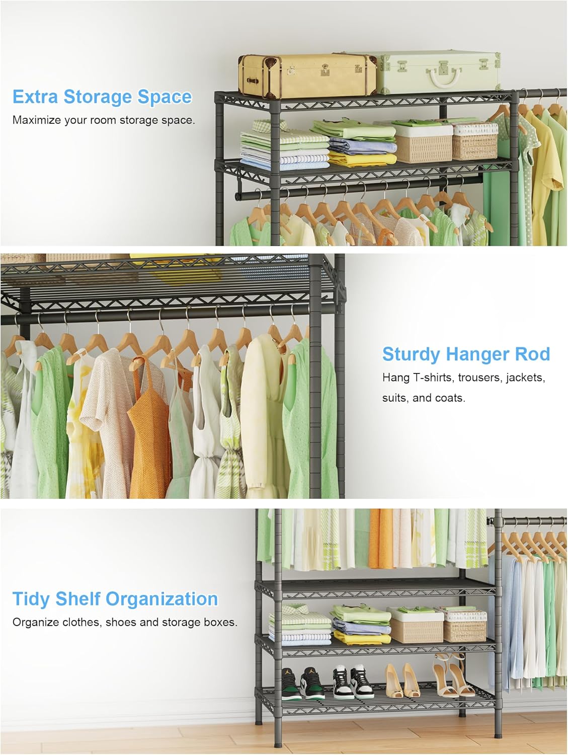 Ulif E11 Heavy-Duty Garment Rack - Metal Freestanding Clothes Organizer with 8 Shelves & 4 Hanger Rods | Black, 73.2-97.6" W x 14.5" D x 71.2" H, 1034 LBS Capacity