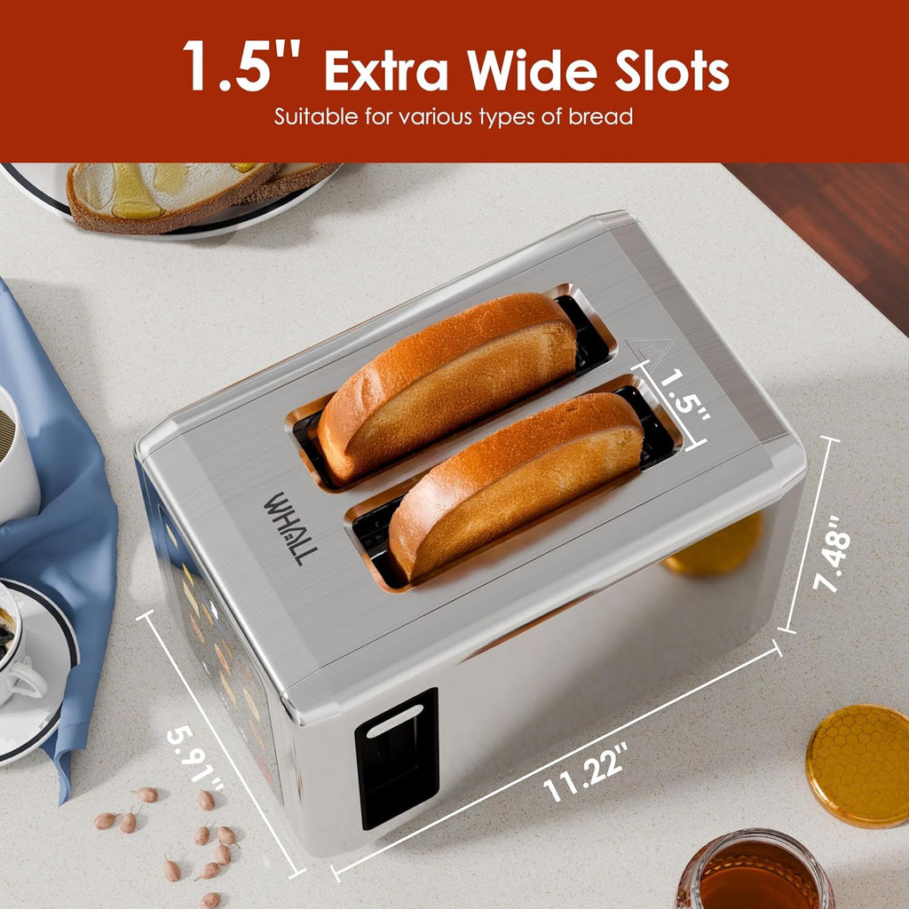 WHALL Stainless Steel 2-Slice Toaster - Full Touch Screen, Digital Timer, 6 Bread Types & Shades, Silver