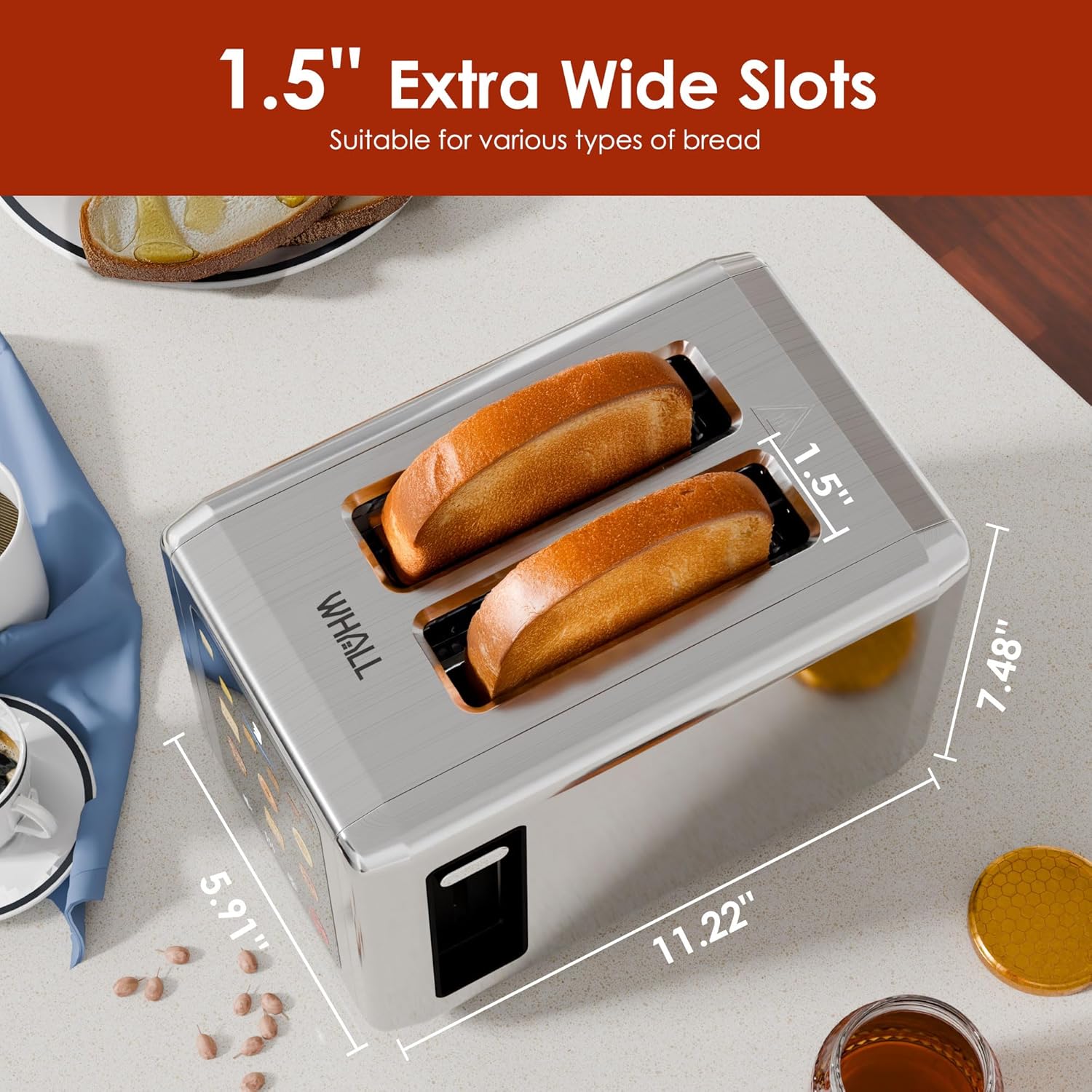 WHALL Stainless Steel 2-Slice Toaster - Full Touch Screen, Digital Timer, 6 Bread Types & Shades, Silver