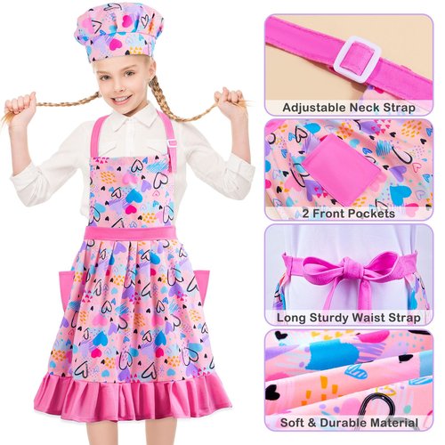 MHJY Kids Apron Hat Set for Girls Vintage Pleated Skirt Aprons with Adjustable Strap Pockets for Baking Cooking (8-12 Years)