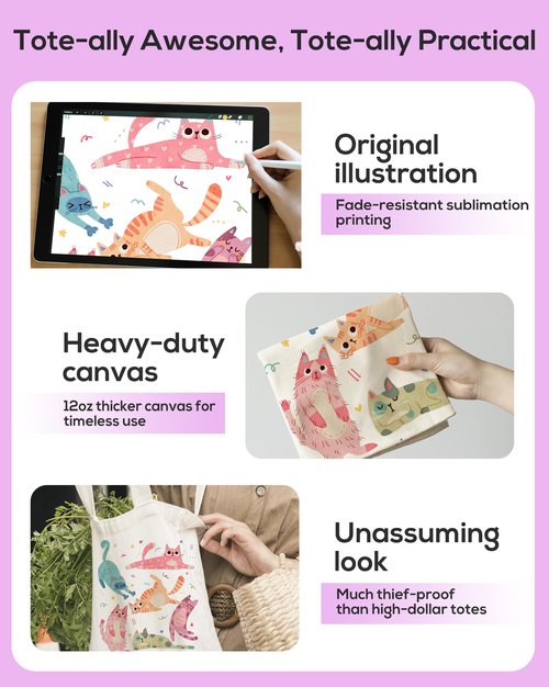 DYALE Cute Tote Bag Double-Sided Prints with Snap Closure, Gifts for Cat Lovers, Cute Cat Themed Canvas Tote Bag with Inner Pocket for Shopping, Library, Work, Travel