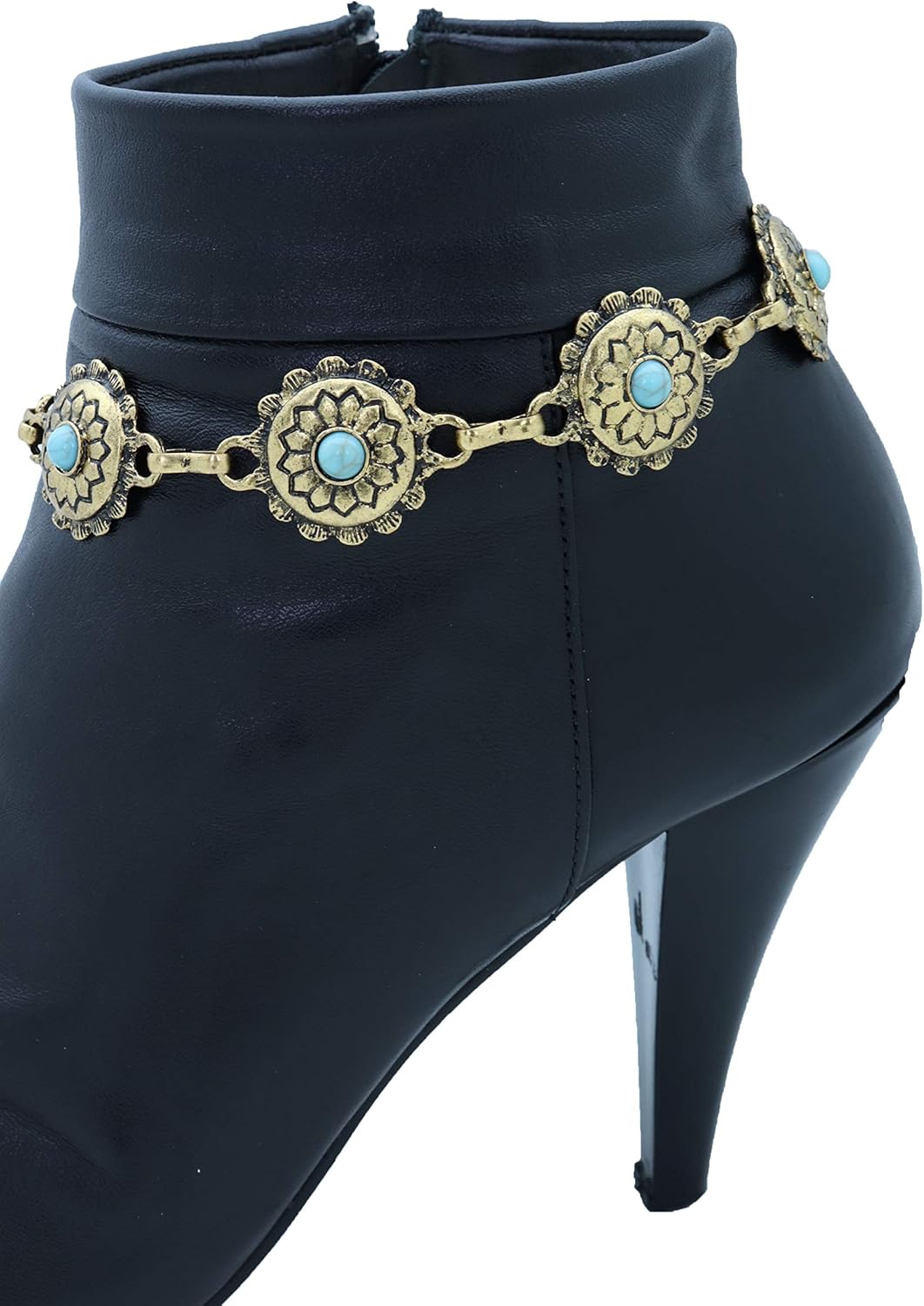 TrendyFashionJewelry Boot Chain Bracelet | Western Bohemian Anklet with Blue Flower Charm in Antique Gold