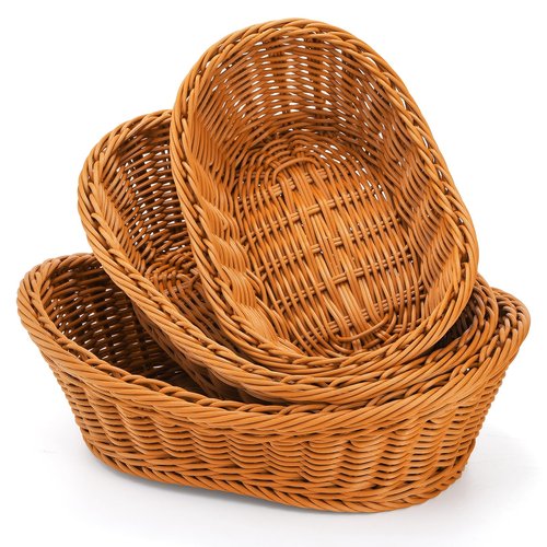 Yarlung 3 Pack Small Woven Breads Baskets, Oval Fruit Baskets Stackable Plastic Wicker Basket for Serving Vegetables, Kitchen, Restaurant, Outdoor, Imitation Rattan Brown, 3 Sizes