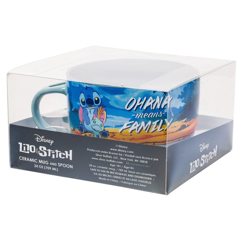 Silver Buffalo Lilo and Stitch Featuring Scrump Ohana Means Family Ceramic Soup Mug Spoon Set, 24 Ounces