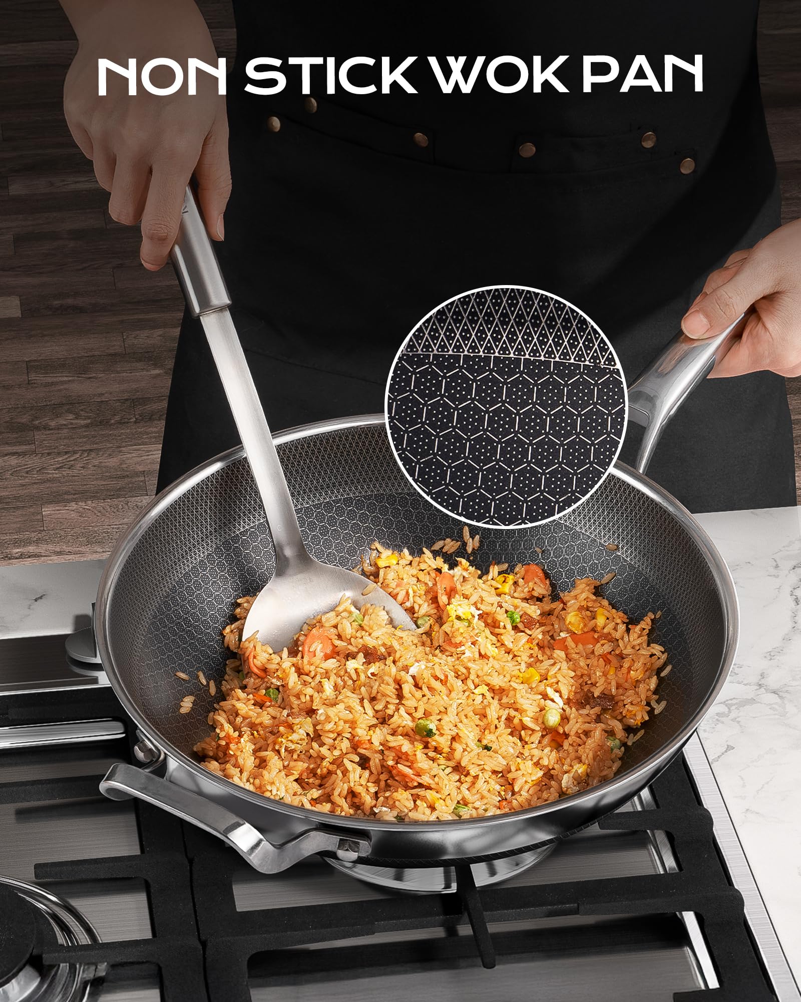 FGJ Wok pan,13 inch Hybrid Wok with Lid,PFOA Free Cookware,Non Stick Stainless Steel Woks & Stir-fry pans Nonstick, Dishwasher and Oven Safe, Works on Induction