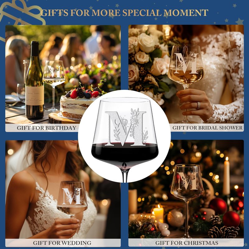 Physkoa Personalized Wine Glass – Custom Initial Monogram Gift for Women, Perfect Birthday & Mother’s Day Gift for Mom, Wife, Sister, Best Friend, Etched Dishwasher Safe (Letter M)