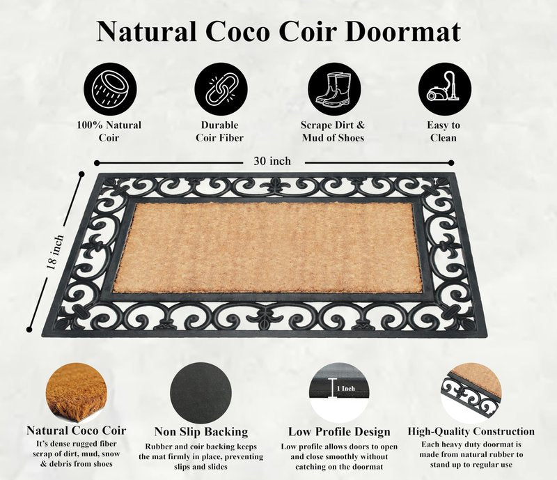 A1HC Natural Coir and Rubber Large Door Mat, 18" x 30", Thick Durable Doormats for Door Entrance, Heavy Duty, Thin Profile Door Mat, Easy to Clean,Long Lasting Front Door Entry Doormat