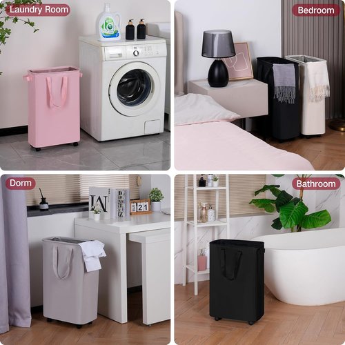 Efluky Slim Laundry Hamper - Rolling Laundry Basket with Wheels | 60L Capacity in Beige for Bedroom & Dorm