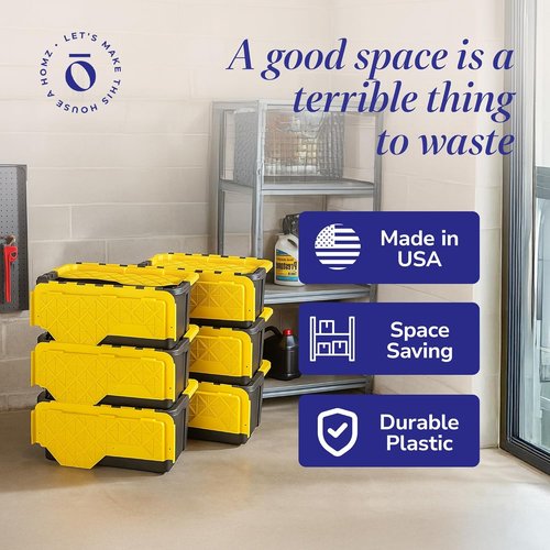 HOMZ 6-Pack Durabilt Tote - Heavy Duty 15 Gallon Plastic Storage Bins with Lids | Black/Yellow Stackable Organizers