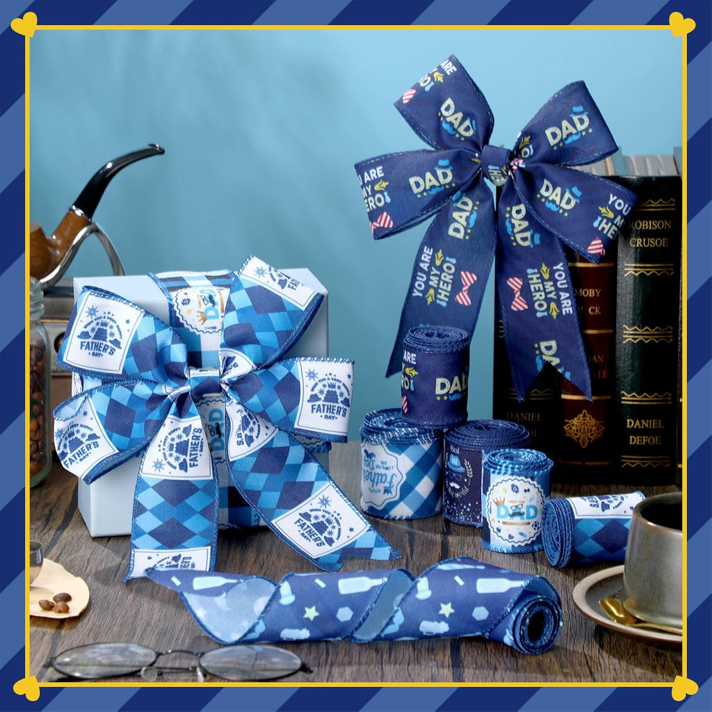 Skiennix Father's Day Wired Edge Ribbon - Blue Tie Hat Pattern | 6 Rolls, 30 Yards for Crafting & Gifts