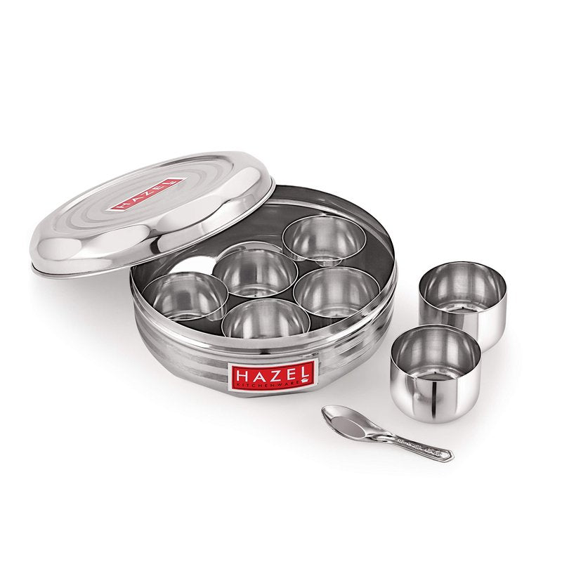 HAZEL Stainless Steel Spice Box with Spoon, Airtight 7-Compartment Masala Dabba, 7.3-Inch Round Spice Organizer for Kitchen Storage