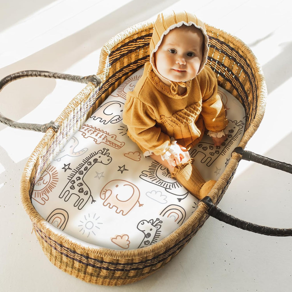 Yoofoss Bassinet Sheets - 3-Pack Fitted Sheets for Halo Bassinest | Soft, Breathable, Brown & Animal Prints