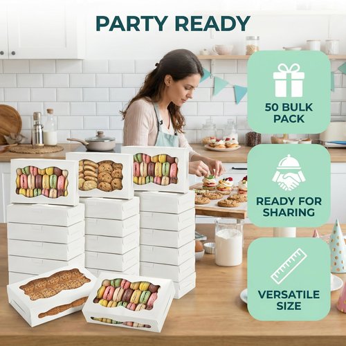 Hiceeden 50 Pack White Cookie Boxes with Window, 8"×5.4"×2" Bakery Candy Box for Gift Giving, Treat Dessert Boxes for Pastry Donuts Candy Biscuit Macaron Chocolate Strawberry