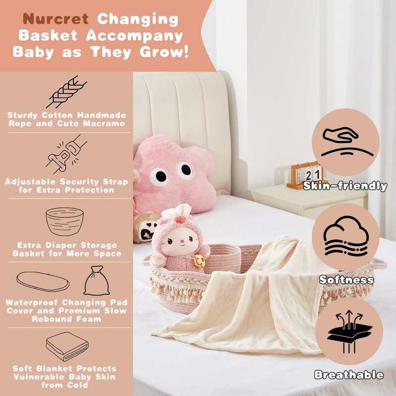Nurcret Baby Changing Basket, Foldable Portable Changing Pad, Moses Basket for Newborn, Changing Table Topper for Dresser, Cotton Rope Diaper Caddy for Travel&Nursery, Waterproof Foam Pad Cover, Pink
