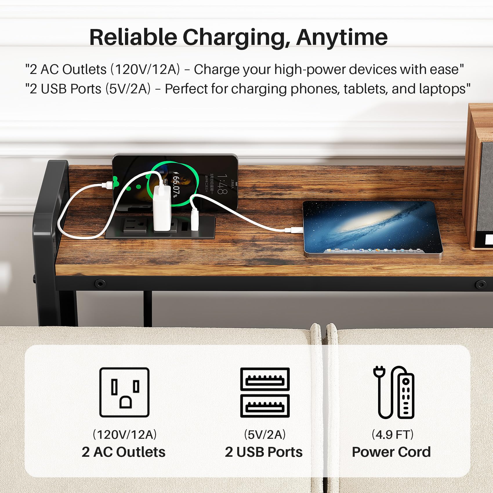 Kitstorack Narrow Entryway Console Table with Elevated Rear Fence & Power Outlets, Skinny Behind Couch Table, 39.4" Long x 5.9" Wide x 33.3" High, Thin Small Sofa Side Table for Living Room, Brown