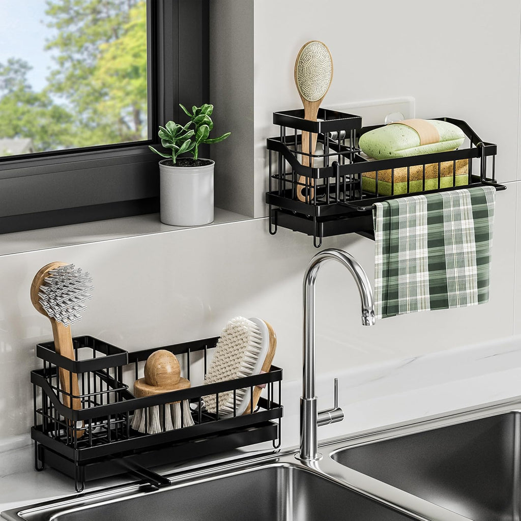 Skiennix Kitchen Sink Caddy Organizer - Rustproof Sponge Holder with Brush & Soap Dispenser | Multi-Functional Countertop Storage