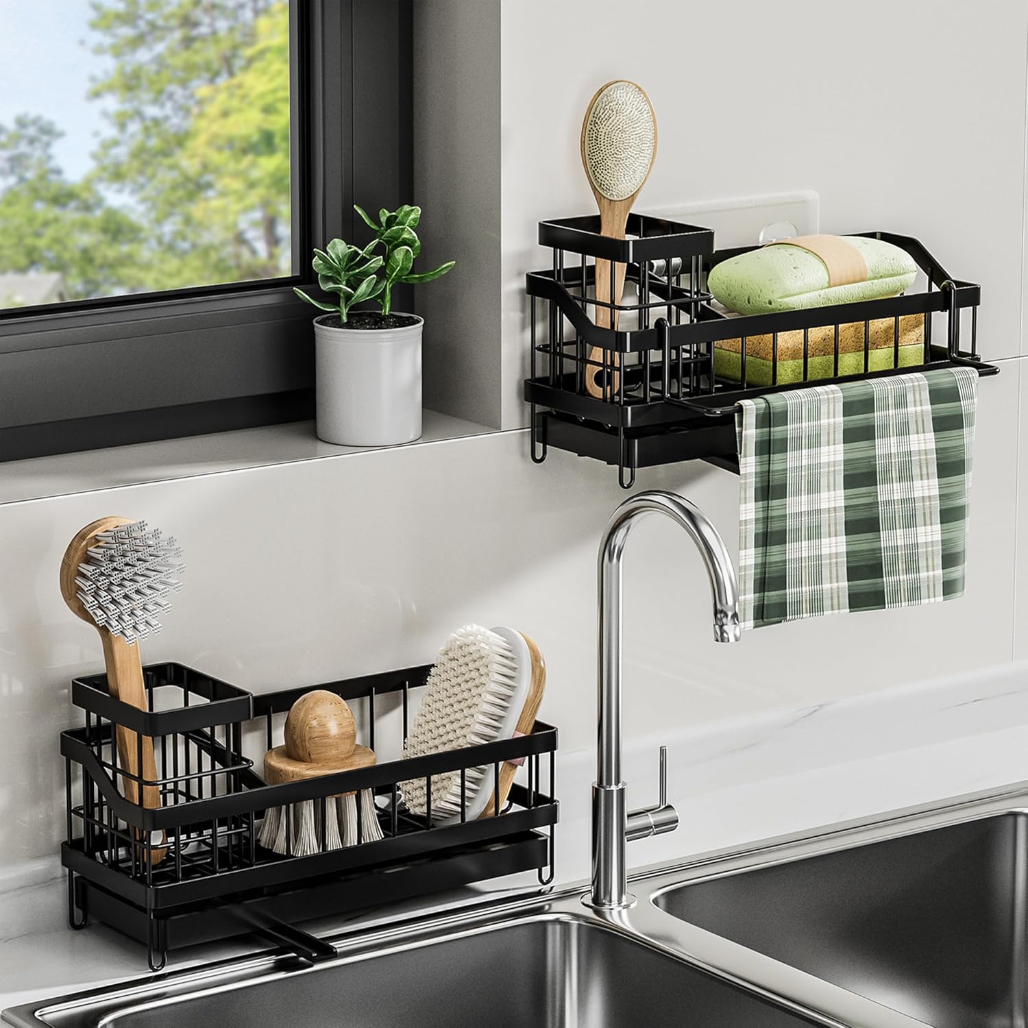 Skiennix Kitchen Sink Caddy Organizer - Rustproof Sponge Holder with Brush & Soap Dispenser | Multi-Functional Countertop Storage