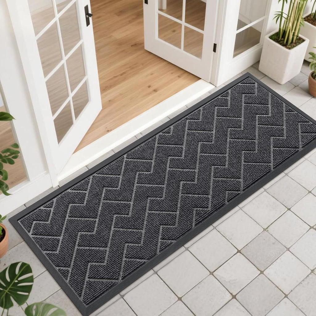 OLANLY Waterproof Front Door Mat - All-Season Indoor/Outdoor Doormat, Low Profile, Easy Clean | Herringbone Brick (Grey, 47x17)
