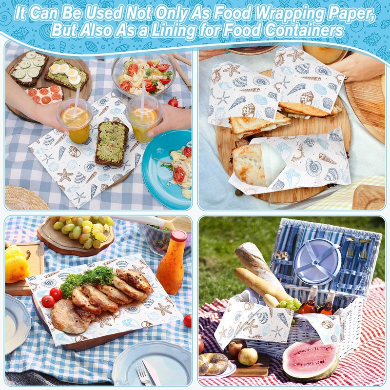 AmazingSpark 150 Pcs Deli Wax Paper Sheets for Food 8 x 10 Inch Greaseproof Waterproof Sandwich Wrapping Paper Basket Liner for Outdoor Picnic Beach Wedding Birthday Baby Shower (Seashell Starfish)