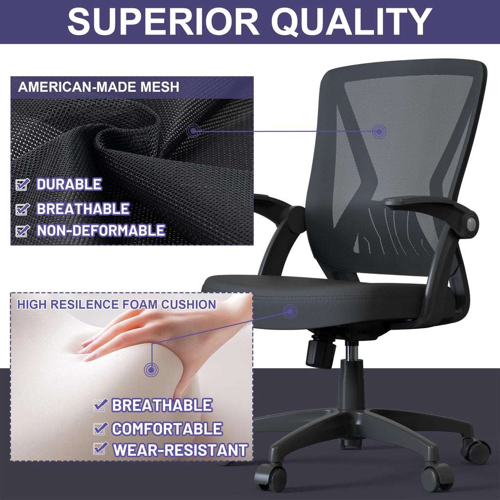 Ergonomic Swivel Rolling Office Computer Desk Chair with Adjustable Height Flip Up Armrest and Lumbar Support for Home Adult