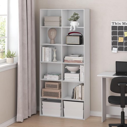 Furinno Basic Book Shelf - 12-Cube Open Shelf Bookcase | Versatile Storage Organizer, Plain White, 12 x 32 x 71
