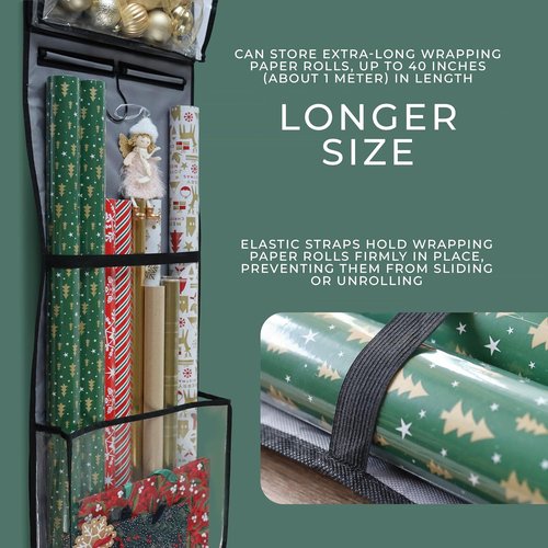 Gift Wrap Organizer by Wrapping Paper - Double-Sided Vertical Holder with 4 Zipper Bags & Hooks | Space-Saving Storage for Rolls & Ribbons