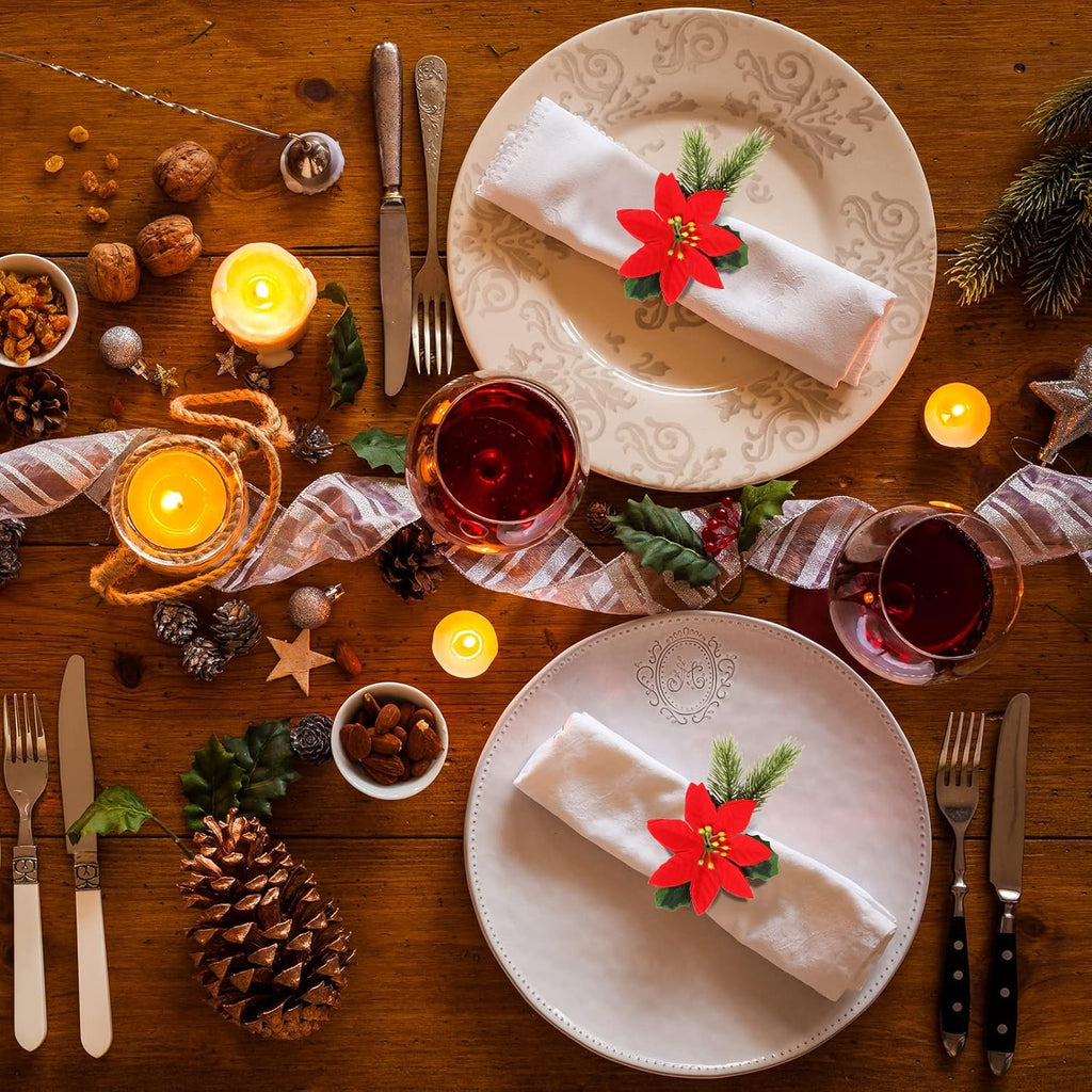 Regine Switzerland Christmas Pine Cone Napkin Rings - Rustic Poinsettia & Berry Design | Set of 6