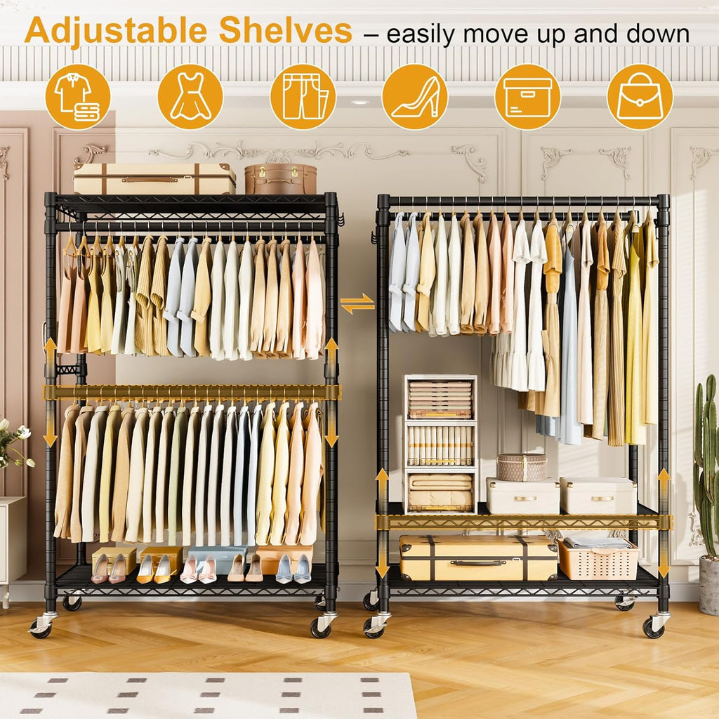 ULIFHOME Heavy Duty Rolling Clothes Rack - Portable Garment Rack with Wheels | 45''W x 20.5''D x 80.5''H, Max Load 570 Lbs, Black