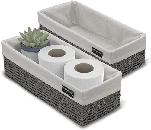 Brookstone Wicker Storage Baskets - Two Pack Set for Bathroom & Closet Organization | Grey with Fabric Liner