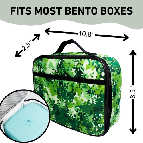 Fenrici Lunch Box for Boys, Kids, Boy's Lunch Box for School, Insulated Lunch Bag for Preschool, K-6, Soft Sided Compartments, Spacious, BPA Free, Food Safe,10.8in x 8.5in x 2.8in, Green Pixel