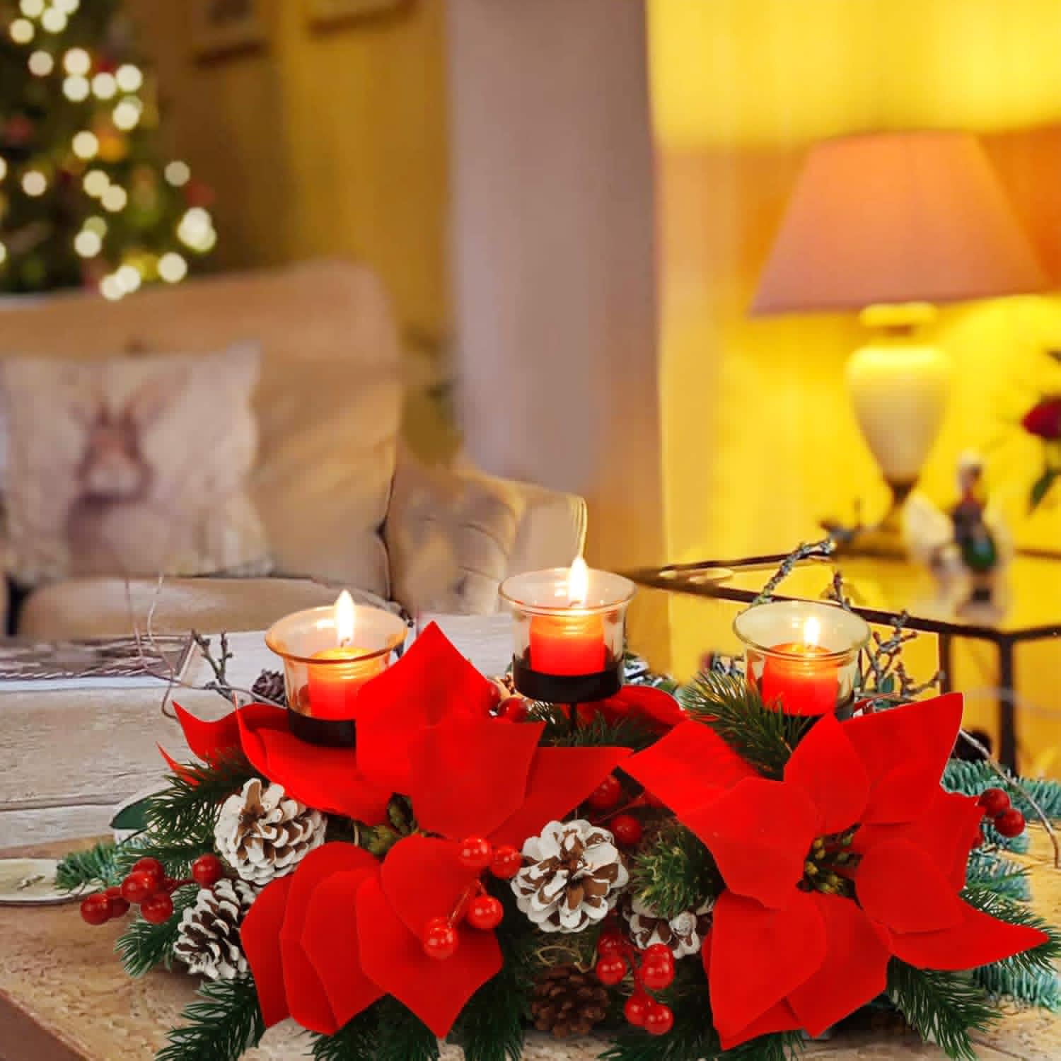 FORUP Christmas Centerpiece - Elegant Poinsettia Tabletop Decor with 3 Candle Holders for Holiday Celebrations
