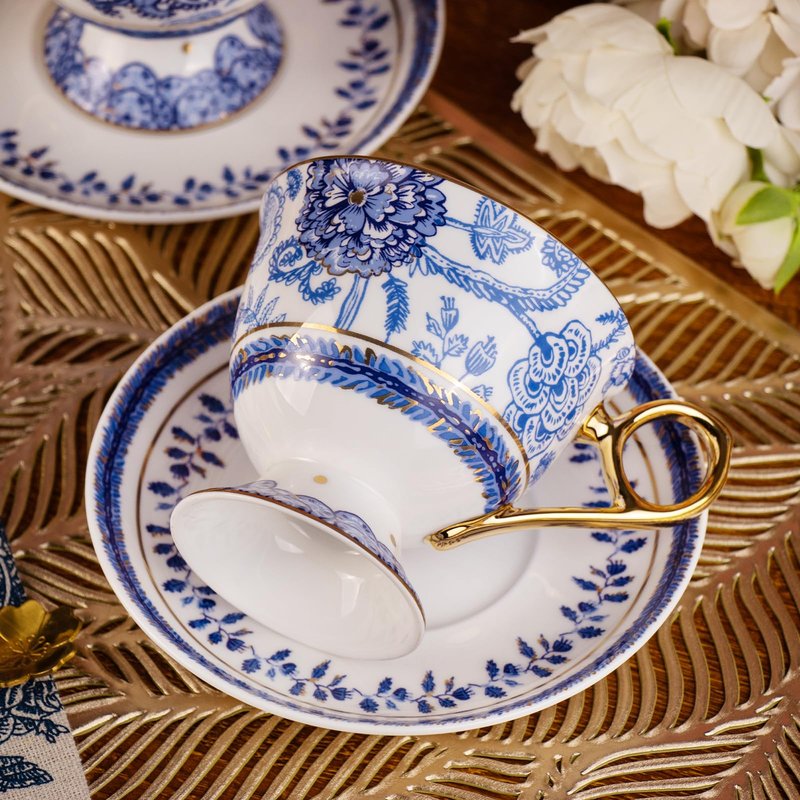 KAMMAK Tea Cups and Saucers Set of 2, Fine Bone China Coffee Cups, 8.5-Ounce Stackable Espresso Mugs, Ceramic Demitasse for Coffee, Cappuccino, Latte, Americano, Tea, Tall Navy