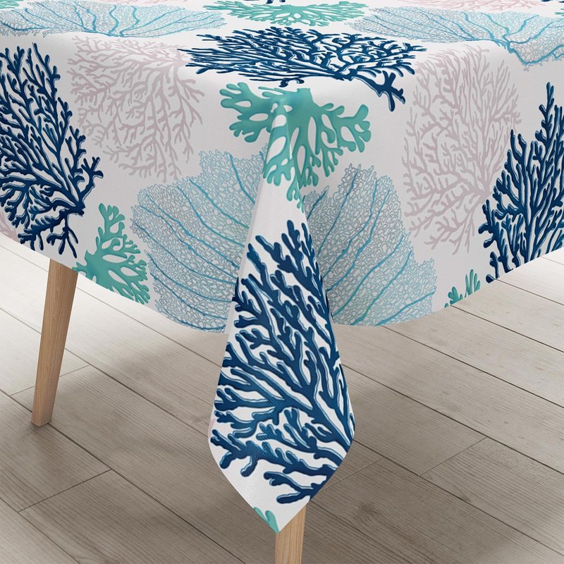 Ocean Tablecloth Coastal Nautical Rectangle Tablecloth Coral Print Ocean Themed Beach Decorative Waterproof Table Covers for Outdoor Dining Room Kitchen Living Room, 60x102 Inches, Navy/Blue/Teal/