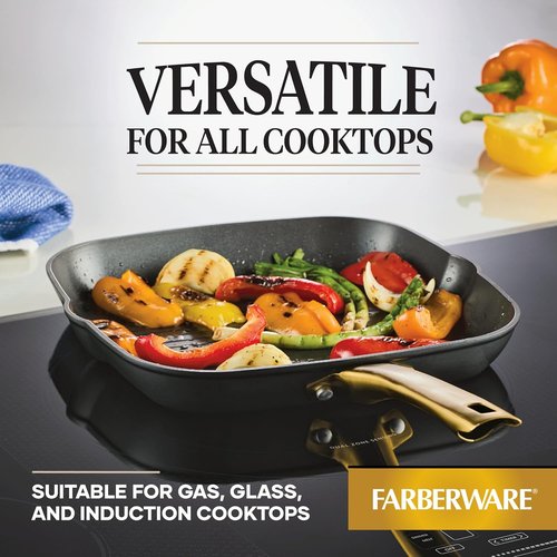 Farberware Forged Induction Ceramic Cookware | Nonstick 11-Inch Square Grill Pan - Black & Gold, Dishwasher Safe