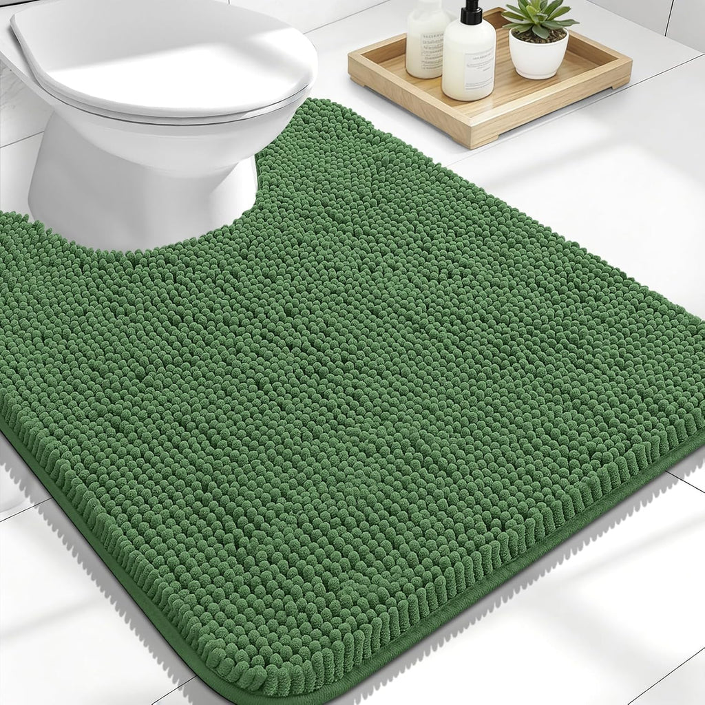 OLANLY U-Shaped Toilet Rug - Extra Soft Chenille, Quick-Dry, Non-Slip Bath Mat | 24x20, Olive Green