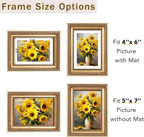 JCJMY Vintage Picture Frame - Elegant 5x7 Photo Frame with 4x6 Mat | Shatter-Resistant Plexiglass, Gold