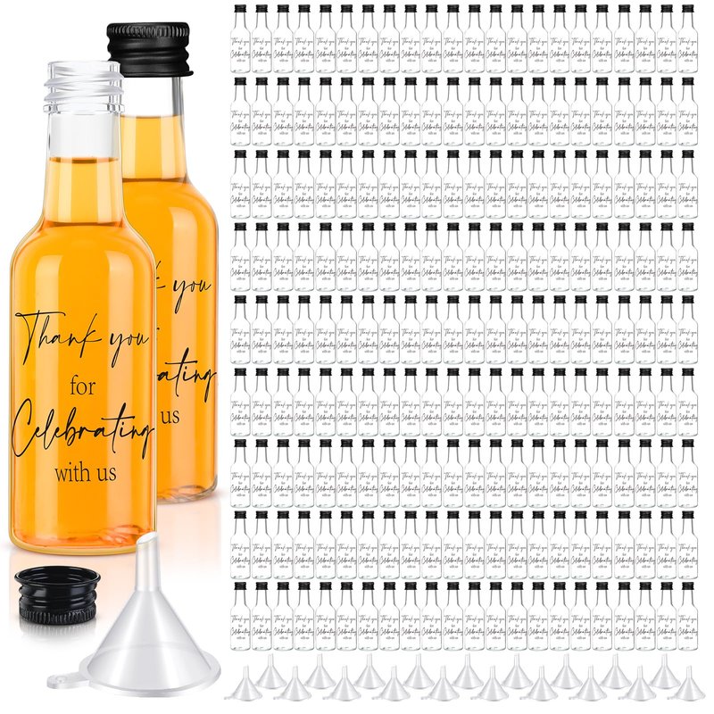 Bokon 200 Pcs Mini Wedding Liquor Bottles Take a Shot We Tied The Knot Shot Glasses for Guests 1.7 Fl Oz/ 50 ml Plastic Reusable Empty Bottle with Cap Funnel Acrylic Mini Glasses for Bridal (Black)