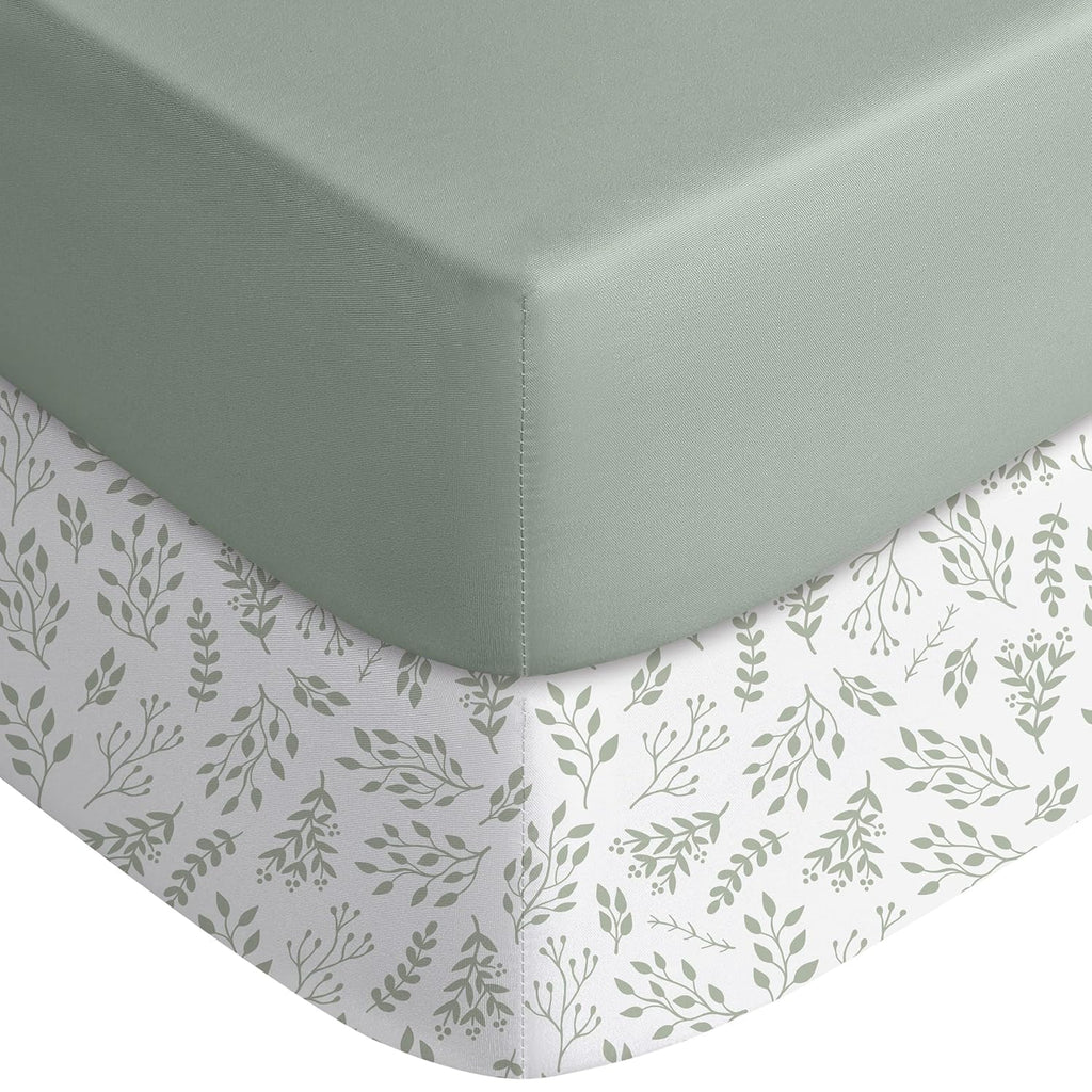 Yoofoss Fitted Pack and Play Sheets - Soft, Breathable Mini Crib Sheets 2-Pack in Green Leaf Design