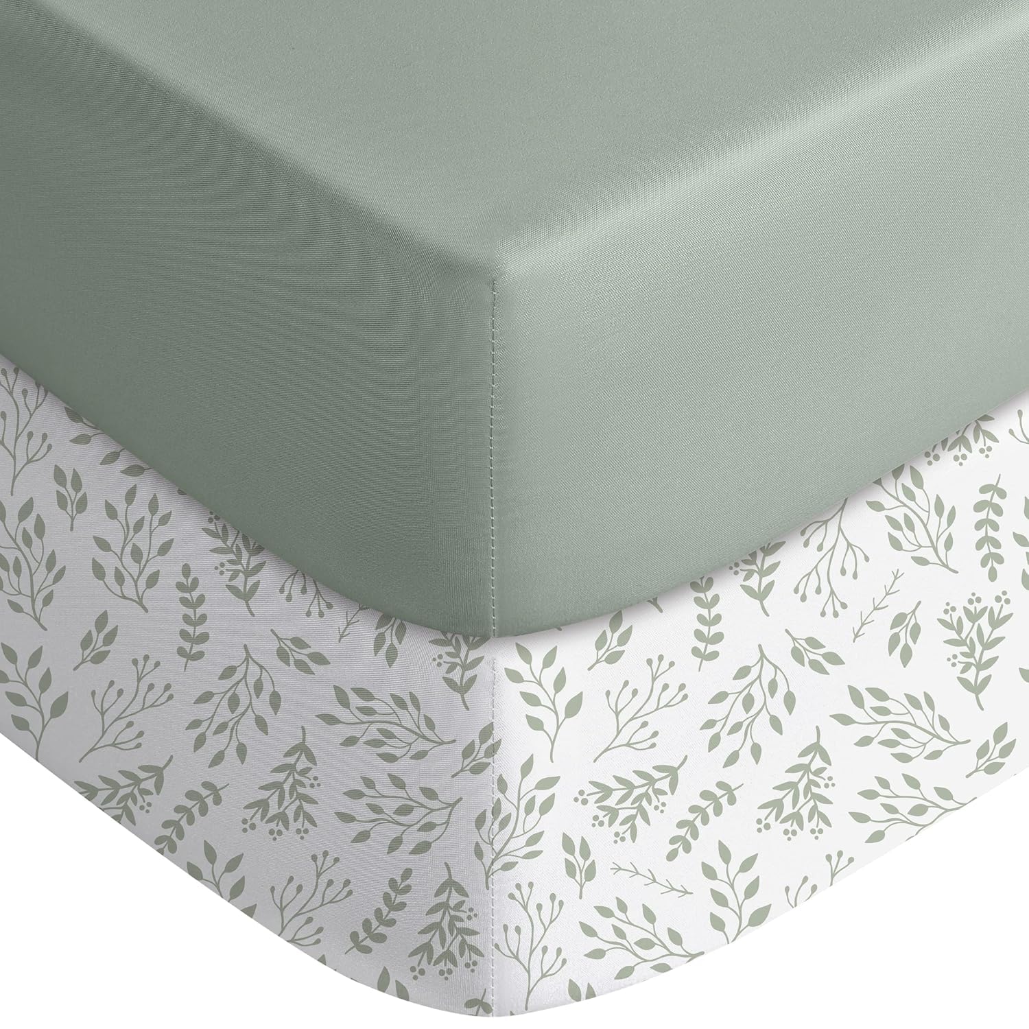 Yoofoss Fitted Pack and Play Sheets - Soft, Breathable Mini Crib Sheets 2-Pack in Green Leaf Design