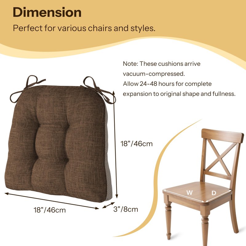 FlyGulls Non Slip Chair Cushions for Dining Chairs Set of 4 Kitchen Chair Cushions 18"x18"x3" Turfted Chair Pads Comfortable and Soft Seat Cushion with Ties, Coffee