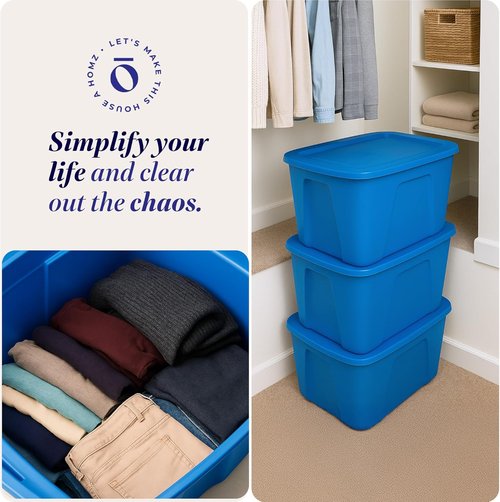 HOMZ 10 Gallon Durable Molded Storage Bins - Stackable Plastic Containers with Lids, Blue | 4-Pack for Home Organization