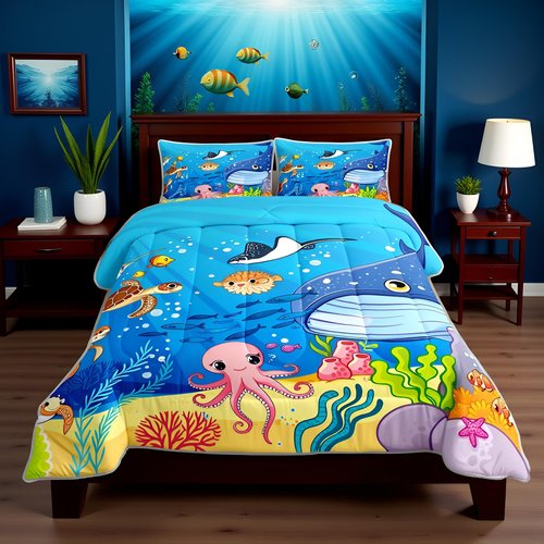 Marine Animals Comforter Set Full,Shark Octopus Turtle Coral Bedding Set,Underwater World Cartoon Quilt Set 3 Pcs for Kids Teens Adults Room Decor,Sea Blue Duvet Insert with 2 Pillowcases