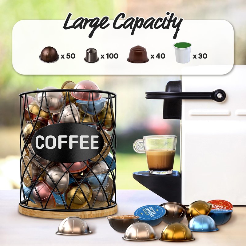 ADDFIT HOUSE Coffee Pod Holder for K Cups – K Cup Organizer with Metal Wire and Bamboo Base, Large Capacity Coffee Pod Storage for Countertop, Coffee Bar or Kitchen, Pod Holder for K-Cup Style Capsule