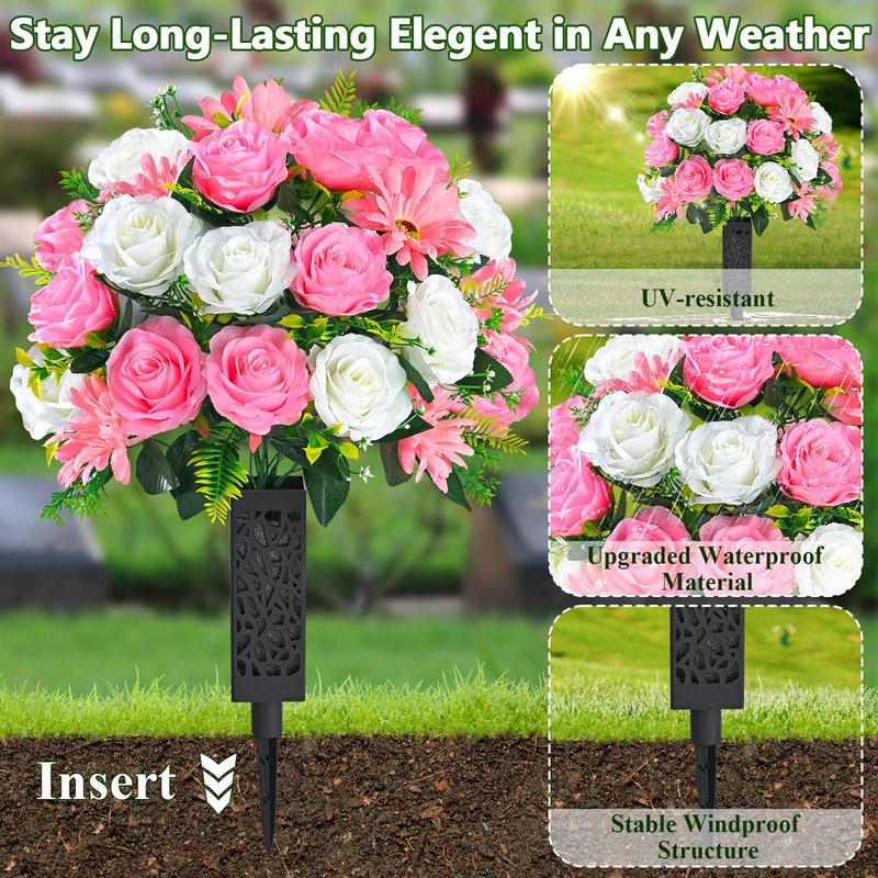 Yastouay 3 Sets Artificial Cemetery Flowers for Grave with Vase, Grave Decorations for Cemetery with Rose Carnation Flowers for Memorial Cemetery Grave Tombstone Decorations