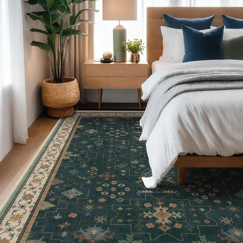Hazo Haus Dark Green Oushak 5x8 Area Rug - Modern Vintage Boho Floral Design, Washable Non-Slip for Living Room & Nursery
