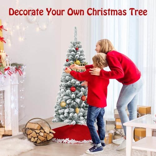 IFANNY 4.5 FT Snow Flocked Christmas Tree, Hinged Pencil Tree with 242 Branch Tips, Artificial Xmas Trees w/Folding Metal Stand, Slim Christmas Tree for Home Office Indoor Outdoor (242 Branches)