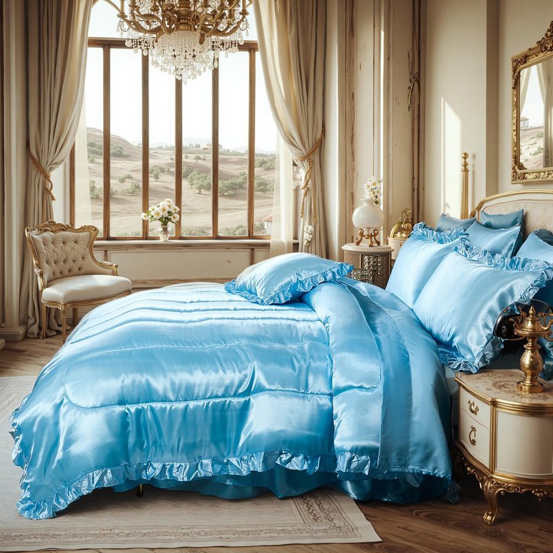 Satin Comforter Set with Sheet Set Full 8 Pcs Silk Like Pink Bedding Set Silky Ruffle Pattern Luxury Silky Comforter Set with 1 Cushion Cover