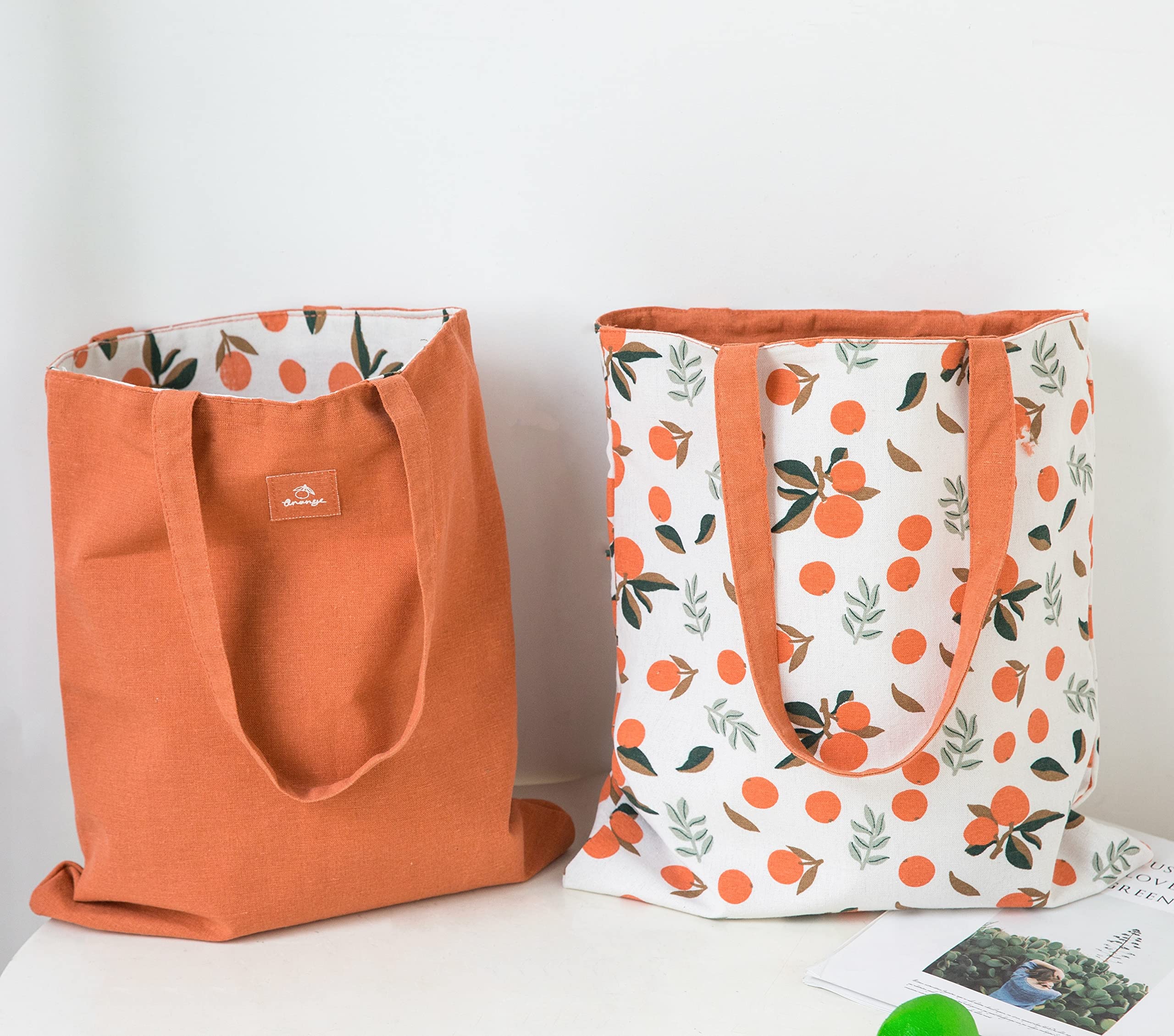 ELYEEBLEE Double-Sided Canvas Tote Bags, Reusable Grocery Shopping Bags for Women, Girls and Kids, Pack of 3 (Orange,Yellow, Green)